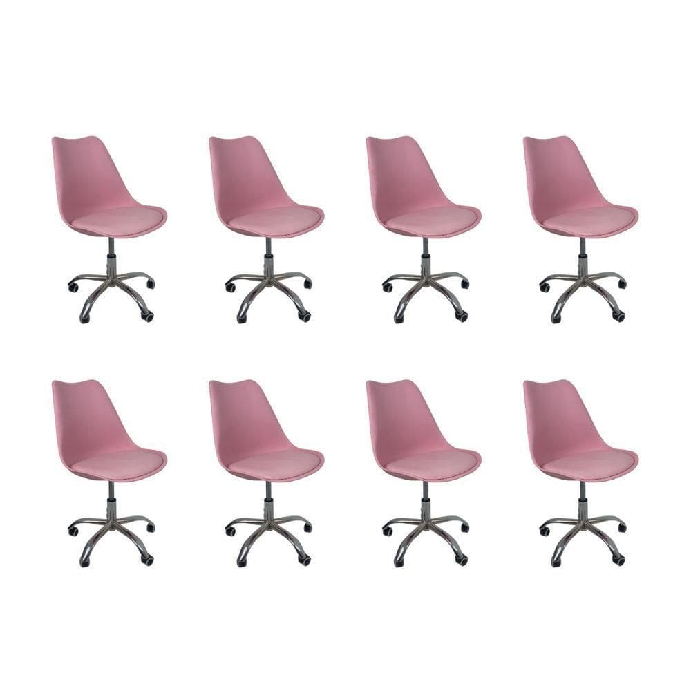 Kit 8 Cadeiras Office Base Cromada Com Rodizio Giratória Saarinen Rosa