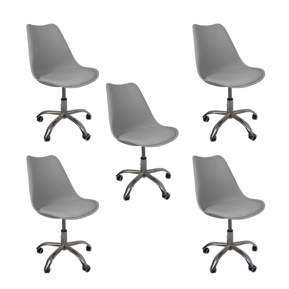 Kit 5 Cadeiras Office Base Cromada Com Rodizio Giratória Saarinen Cinza