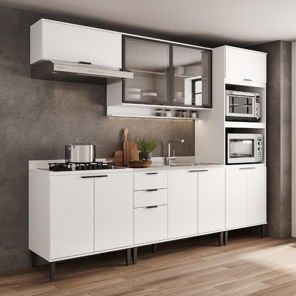 Armário de Cozinha Completa c Balcão Miami Studio Carraro Branco