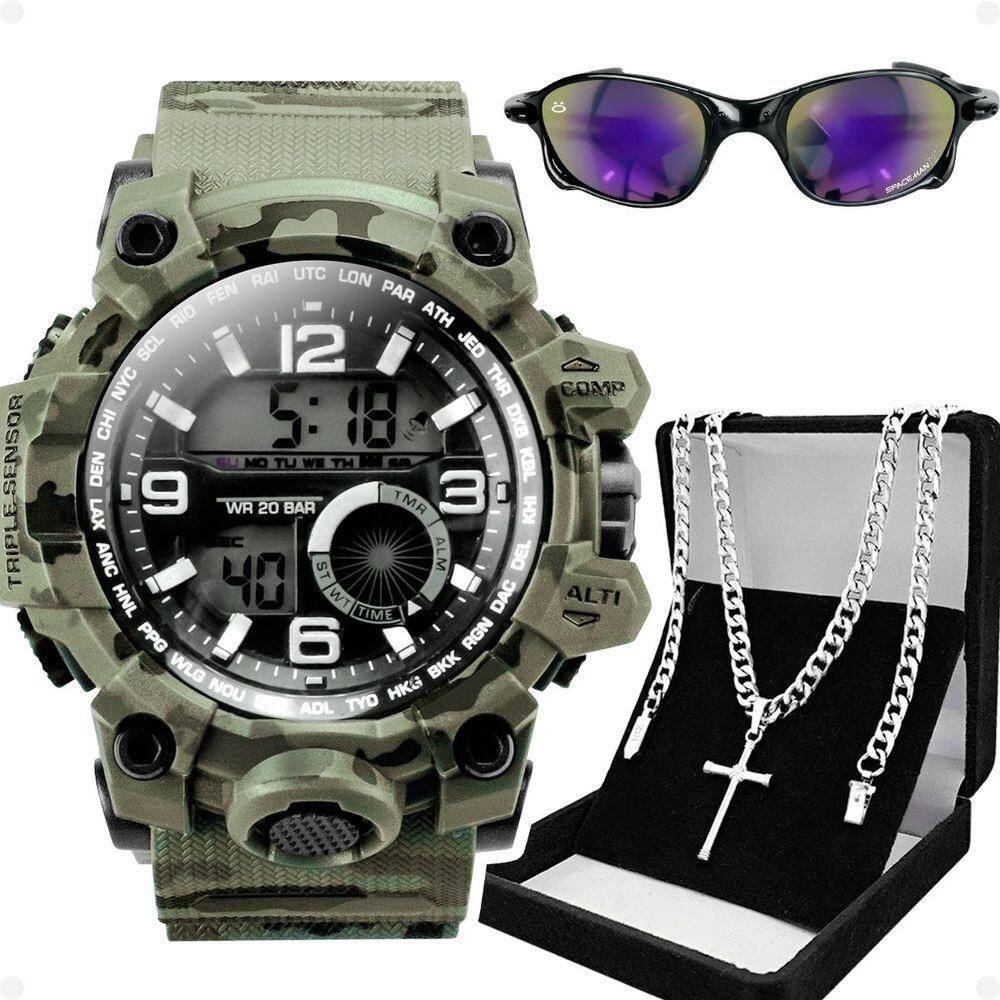 Relogio Masculino Digital Camuflado + Cordão E Oculos Sol Grande Prata Presente Verde Silicone