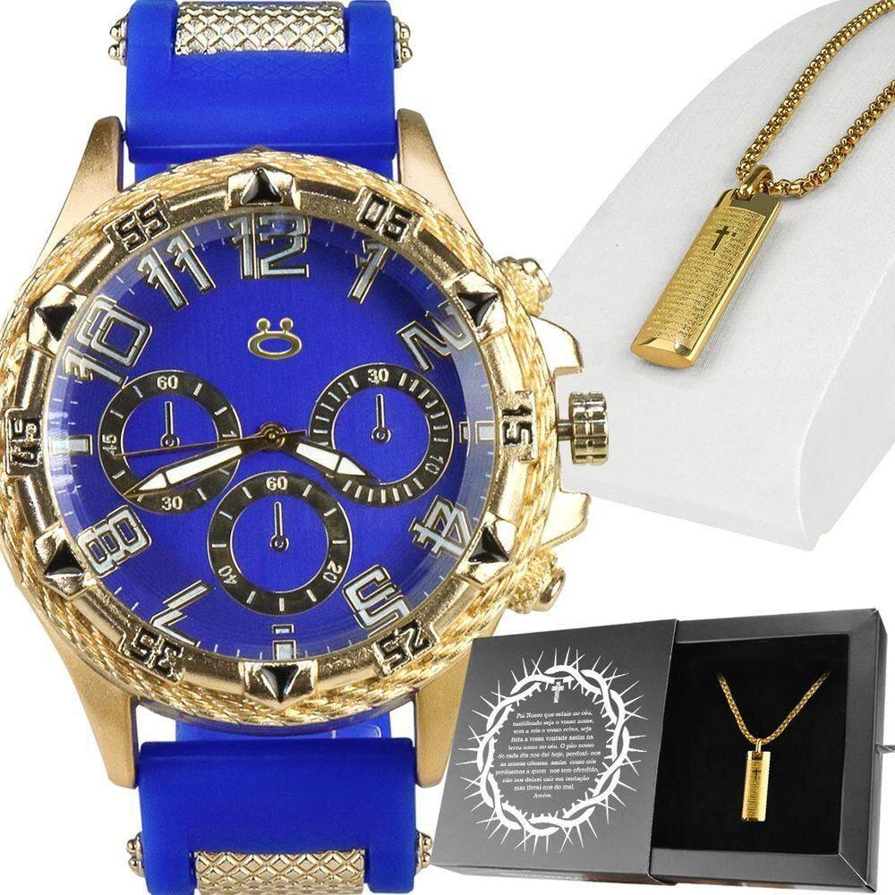 Relogio Masculino Aço Banhado + Caixa + Pingente Pai Nosso Azul Religião Robusto Pai Nosso Grande