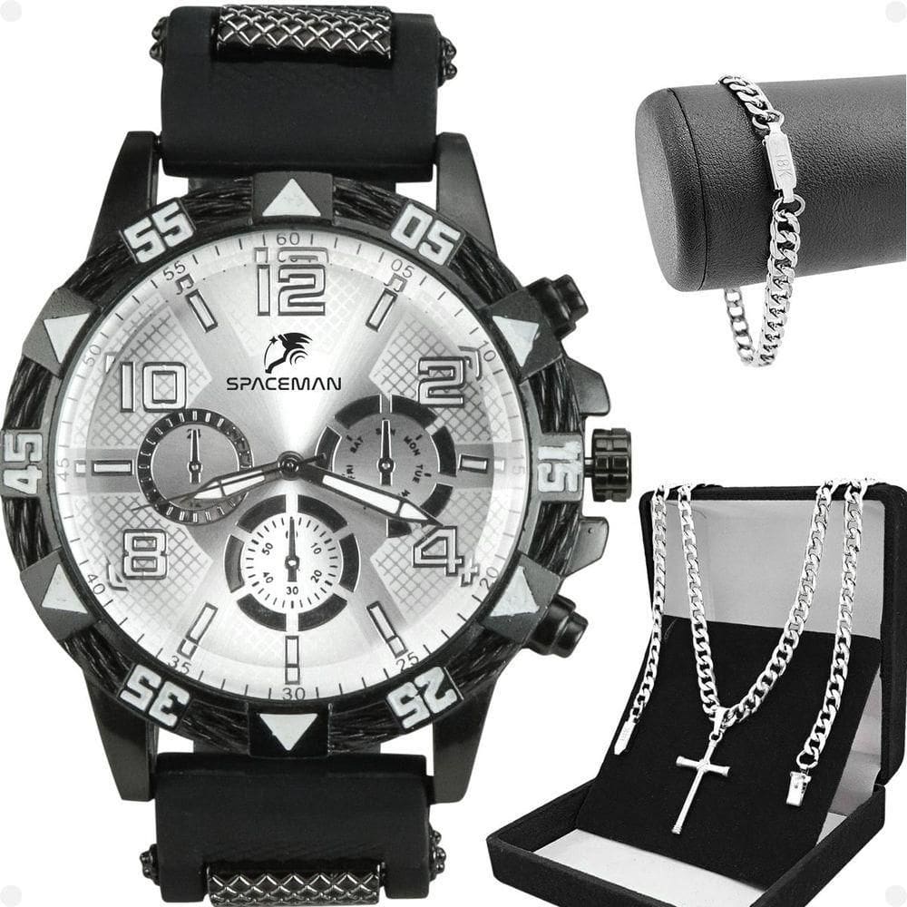 Relogio Masculino Preto Corrão Crucifixo Pulseira Religioso Aço Inoxidável Qualidade Premium Pesado