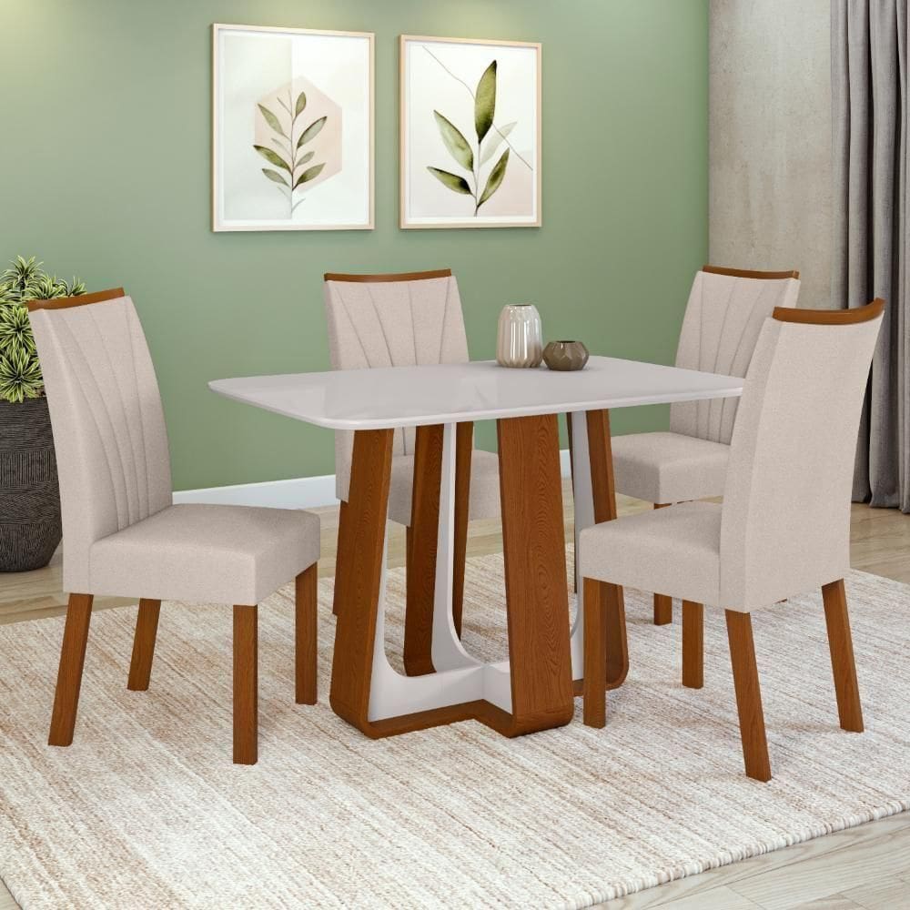 Conjunto Sala De Jantar Mesa Easy Pop 120x80cm Tampo Vidro/MDF Com 4 Cadeiras Bege/Off White