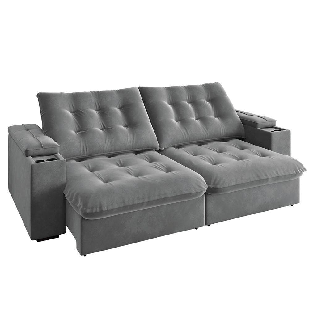Sofá Retrátil E Reclinável 3 Lugares 2,30m Com Porta Copos Veludo New Coliseu Selmer Cinza Cinza