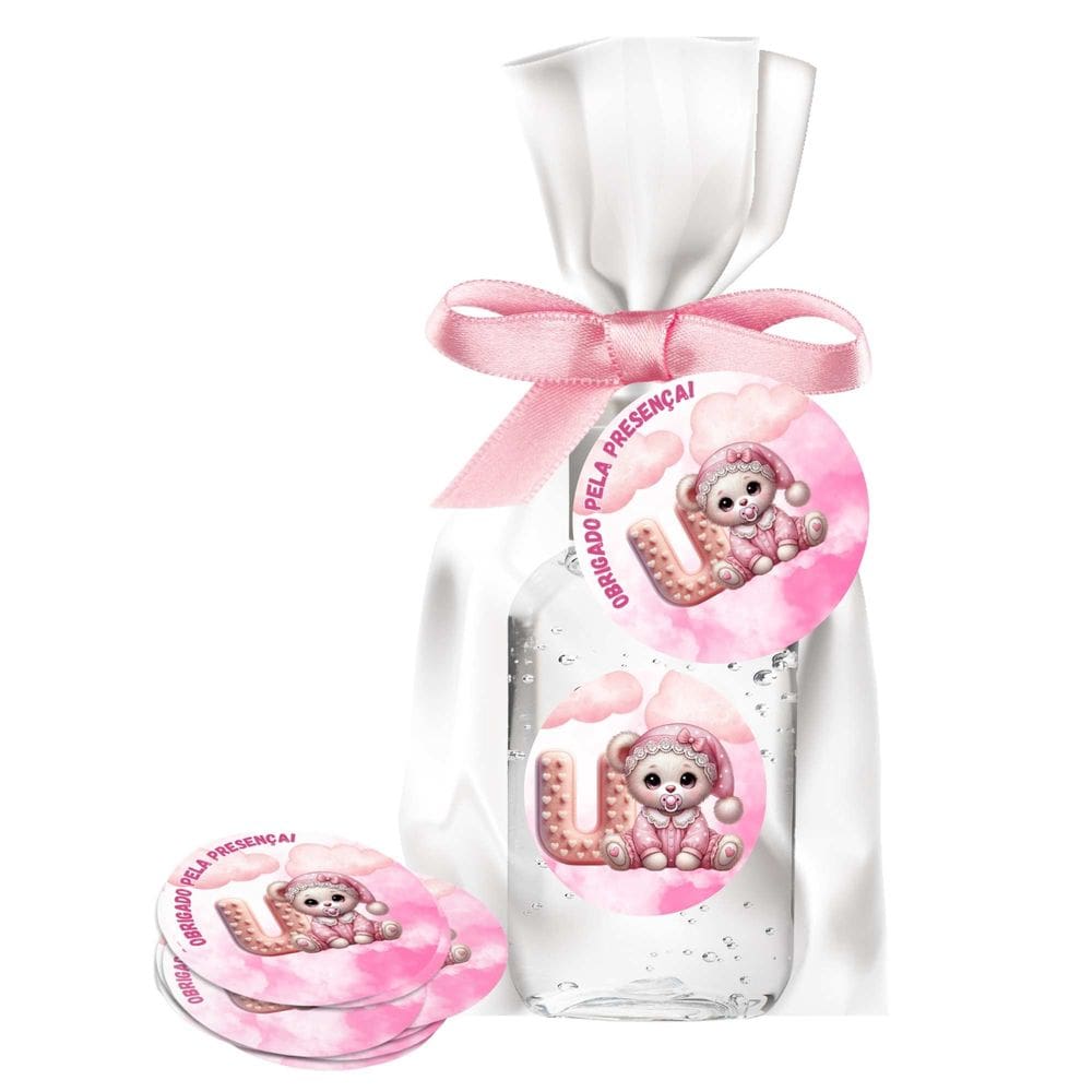 kit 25 Lembrancinhas Alcool Gel Ursinha Rosa Maternidade e Chá De Bebê