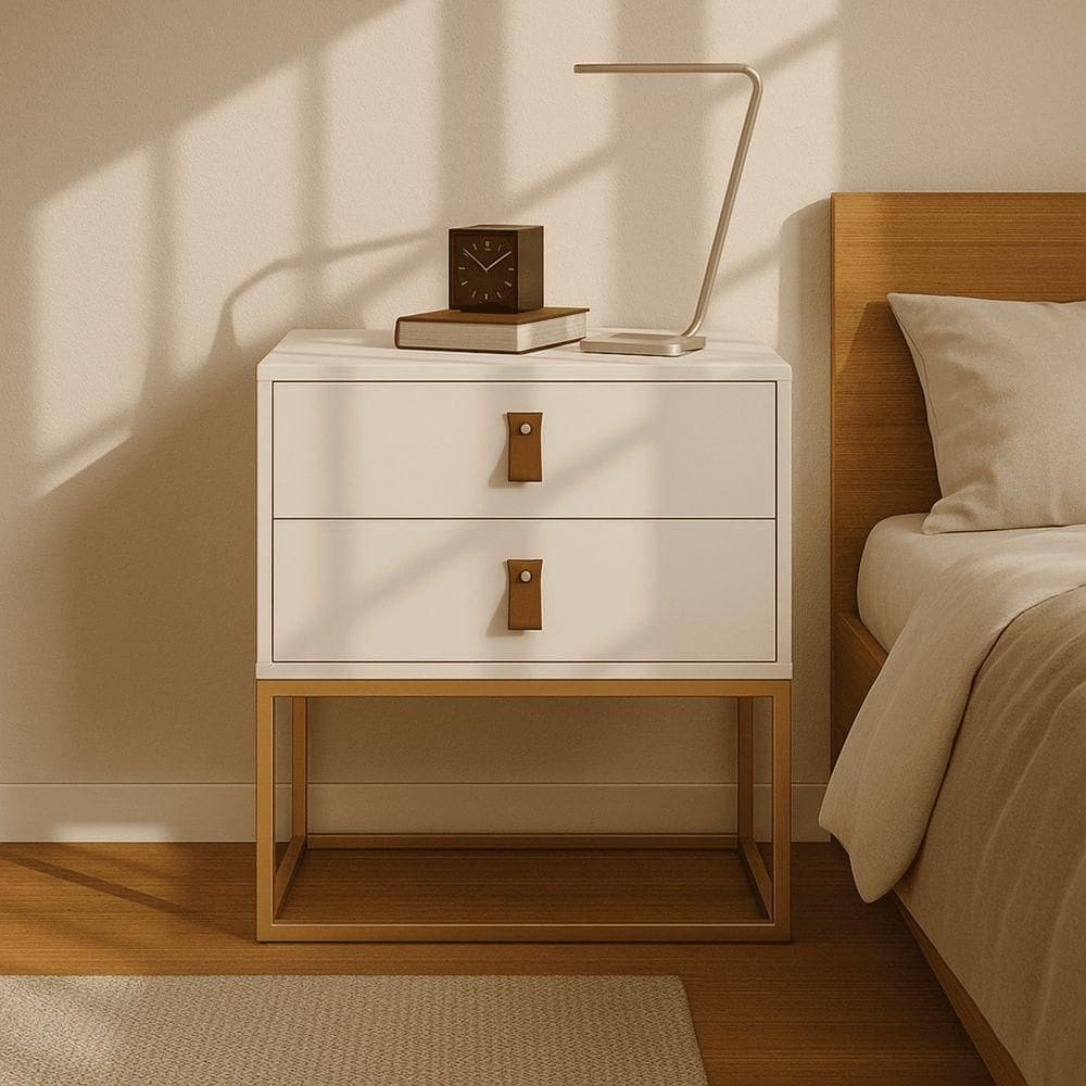 Mesa De Cabeceira Unic 45 Branco Base Metalica Dourada