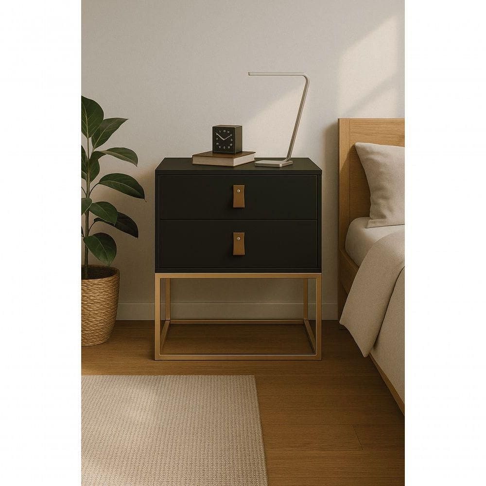 Mesa De Cabeceira Unic 45 Preto Base Metalica Dourada