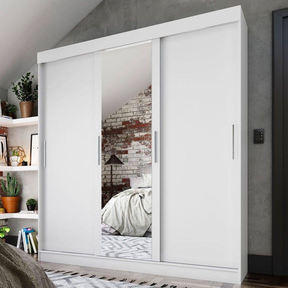 Guarda-Roupa Casal Orlando 3 Portas 2 Gavetas com Espelho Branco - Pnr Móveis