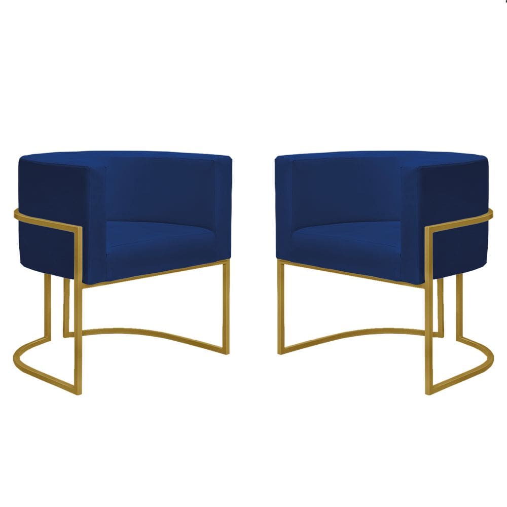 Kit 2 Poltronas Reforçadas Decorativa Sala Nayara Base Ferro Dourado Suede Azul Marinho