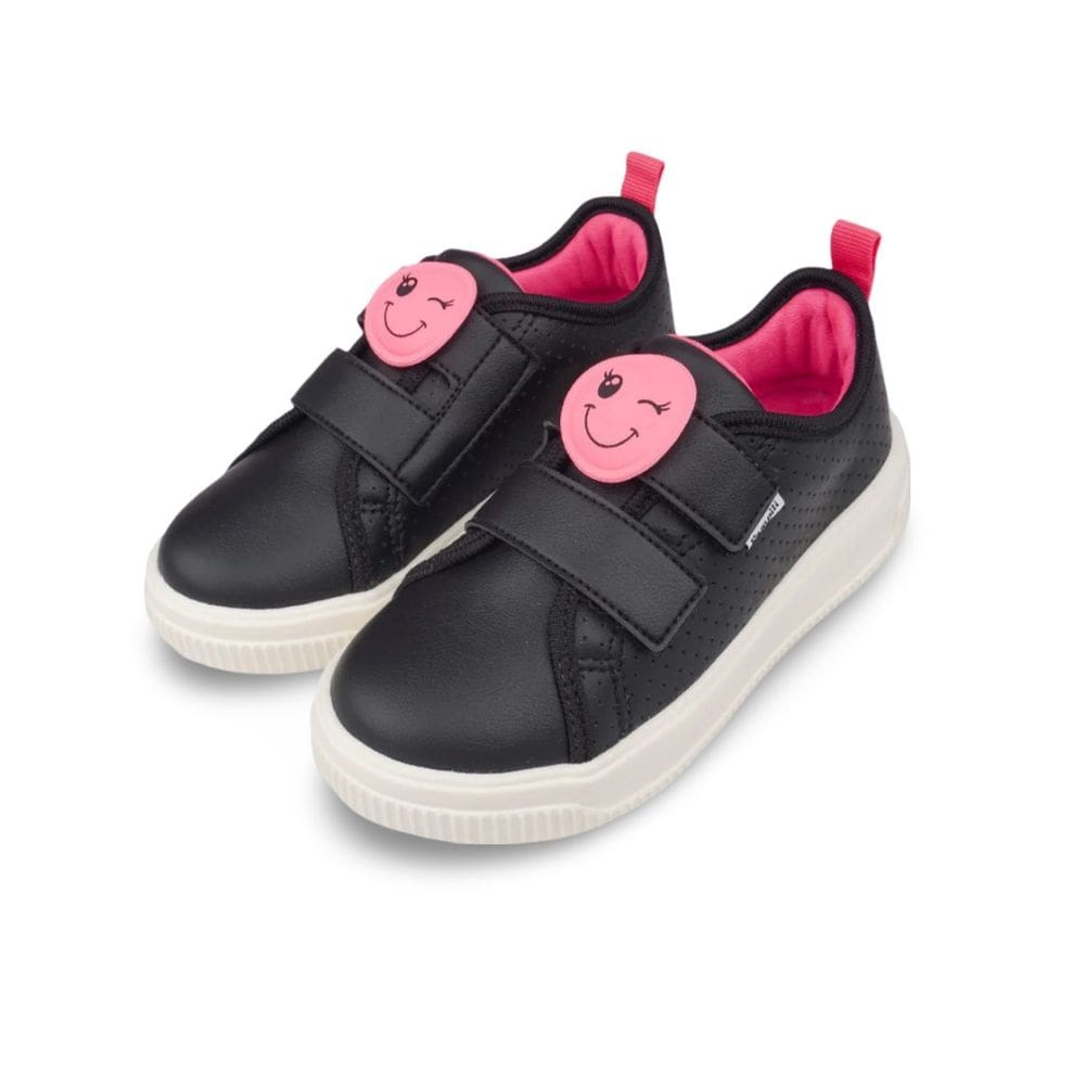 Tênis Infantil Feminino Pampili Up Patch Carinha Preto e Pink Fluor