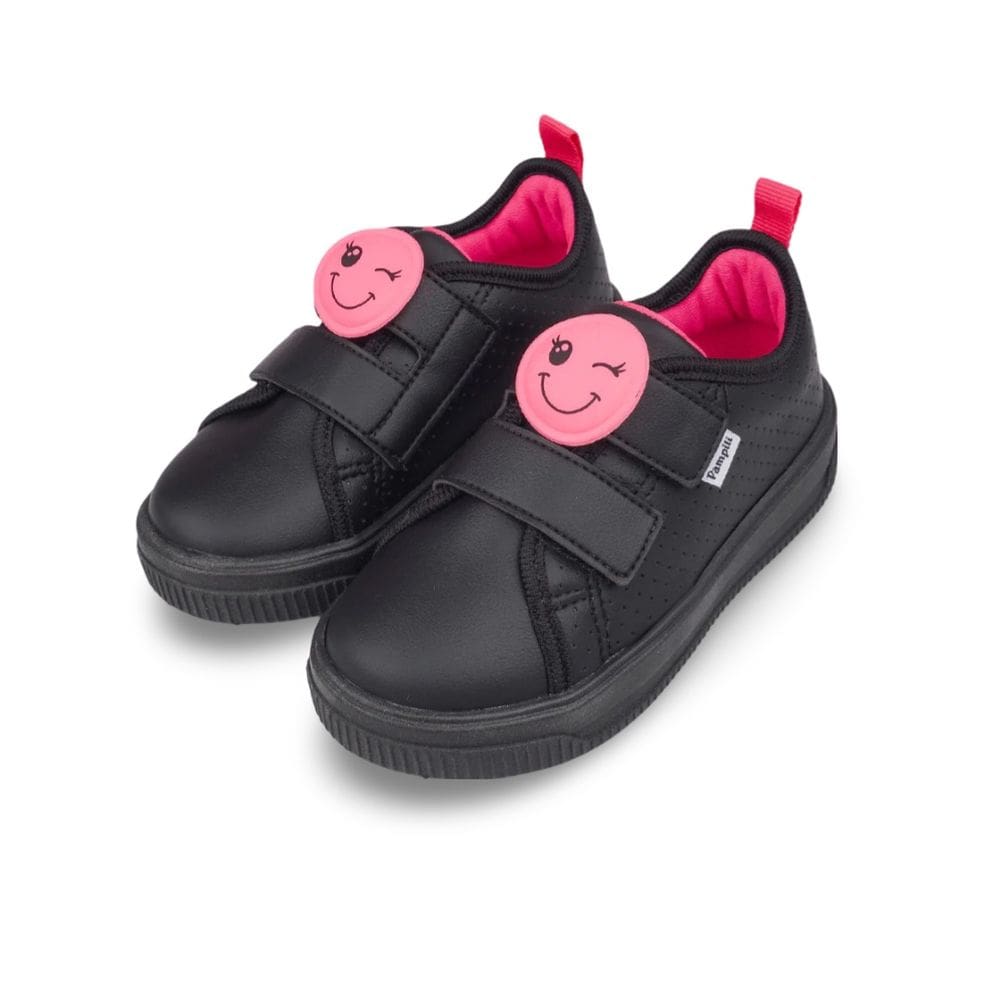 Tênis Infantil Feminino Pampili Up Patch Carinha Preto e Pink Neon