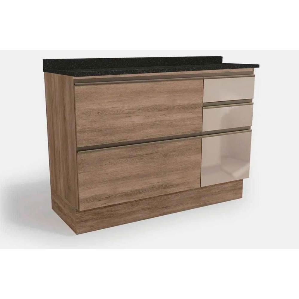 Balcão de Cozinha Maxxi c/ Tampo G747 c/ 1 Porta e 4 Gavetas c/ Vidro 120cm Nogal/Preto Brilho - Kappesberg