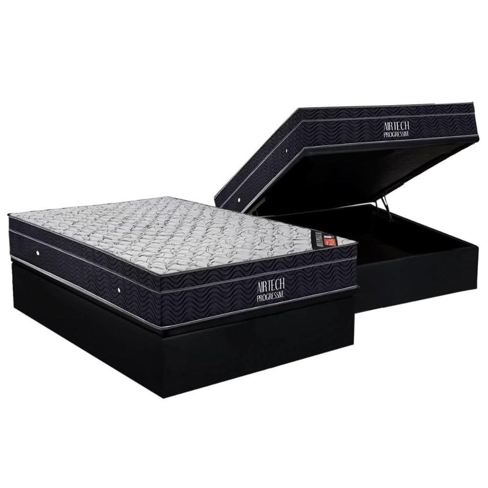 Conjunto Box Baú Casal: Colchão Molas Ortobom Nanolastic Airtech Progressive + Base CRC Suede Black (138x188)