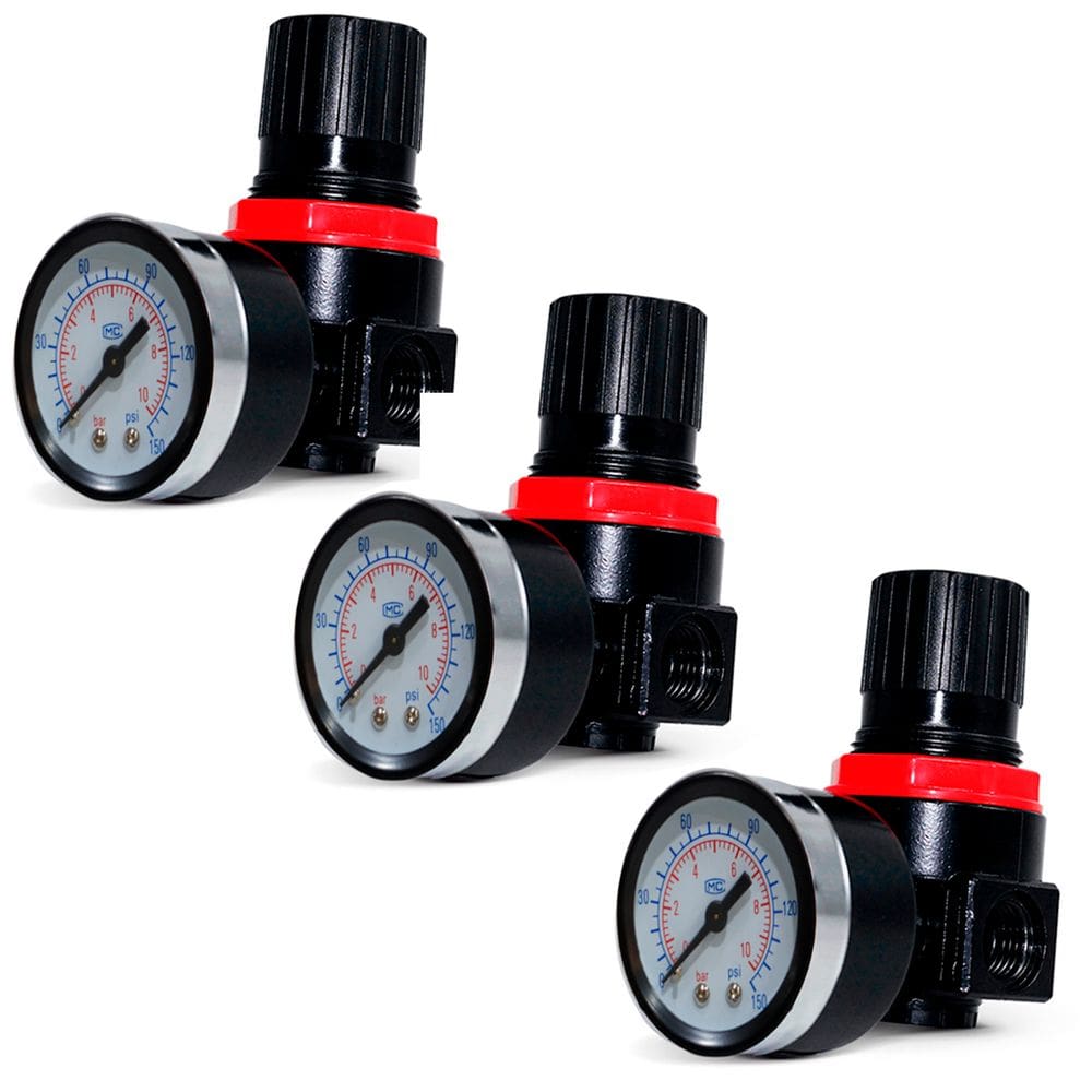3 Reguladores Pressão Mini Compressor 0 à 150 Psi com Manômetro 1/4 Ar-2000 Rotta 376 Cod - 4003