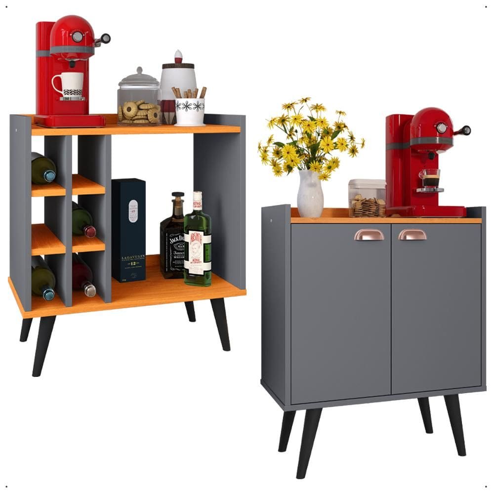 Kit Sala Jantar Cozinha Aparador Baden Adega Nicho Buffet Linea 2 Portas Puxador Concha Cantinho Café Cinza/Cinamomo - Lojas RPM
