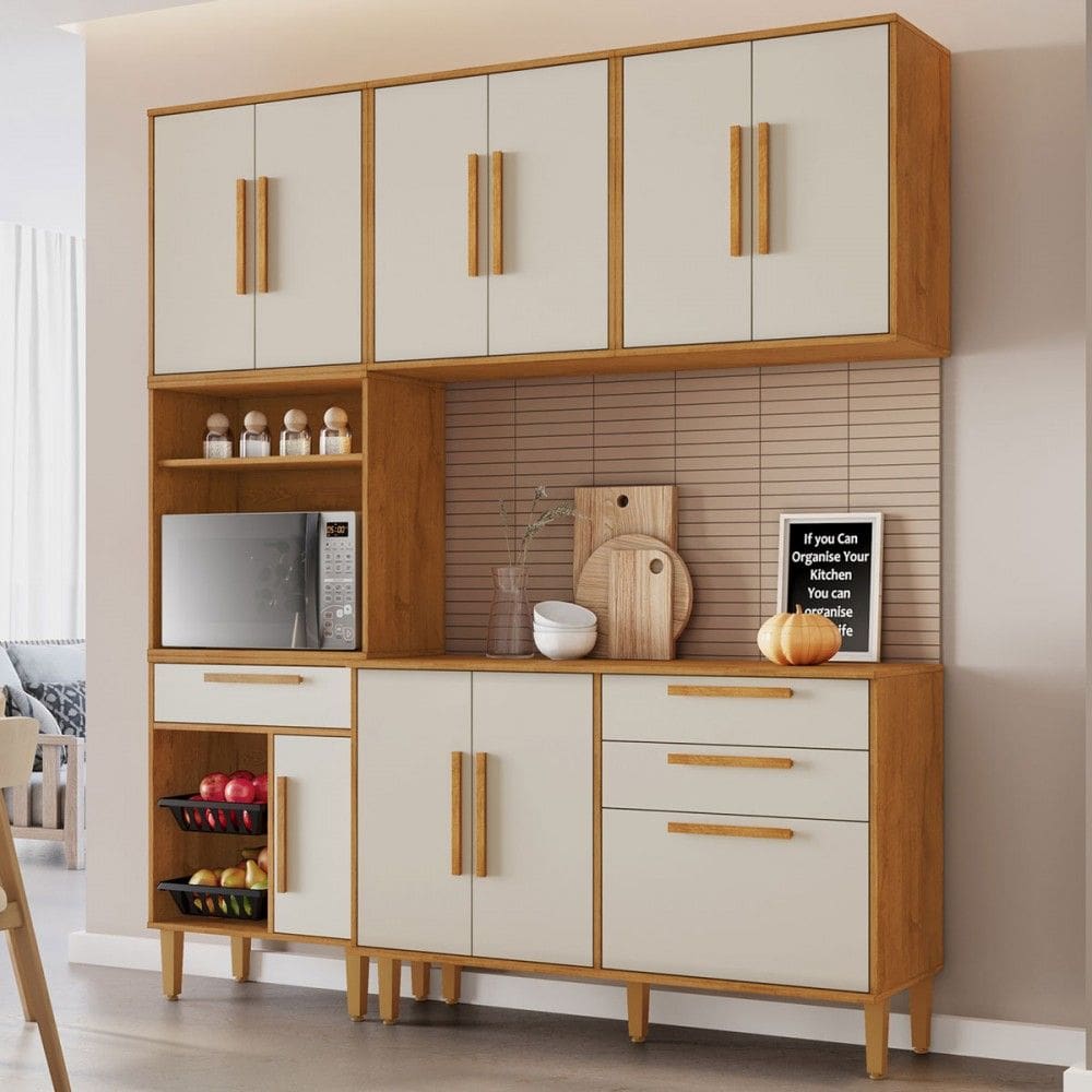 Cozinha Compacta Lorena 10 Portas 2 Gavetas com Fruteira Natural/Off White - Kaiki Móveis