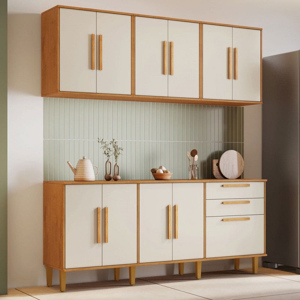 Cozinha Compacta Lorena 11 Portas 2 Gavetas Natural/Off White - Kaiki Móveis