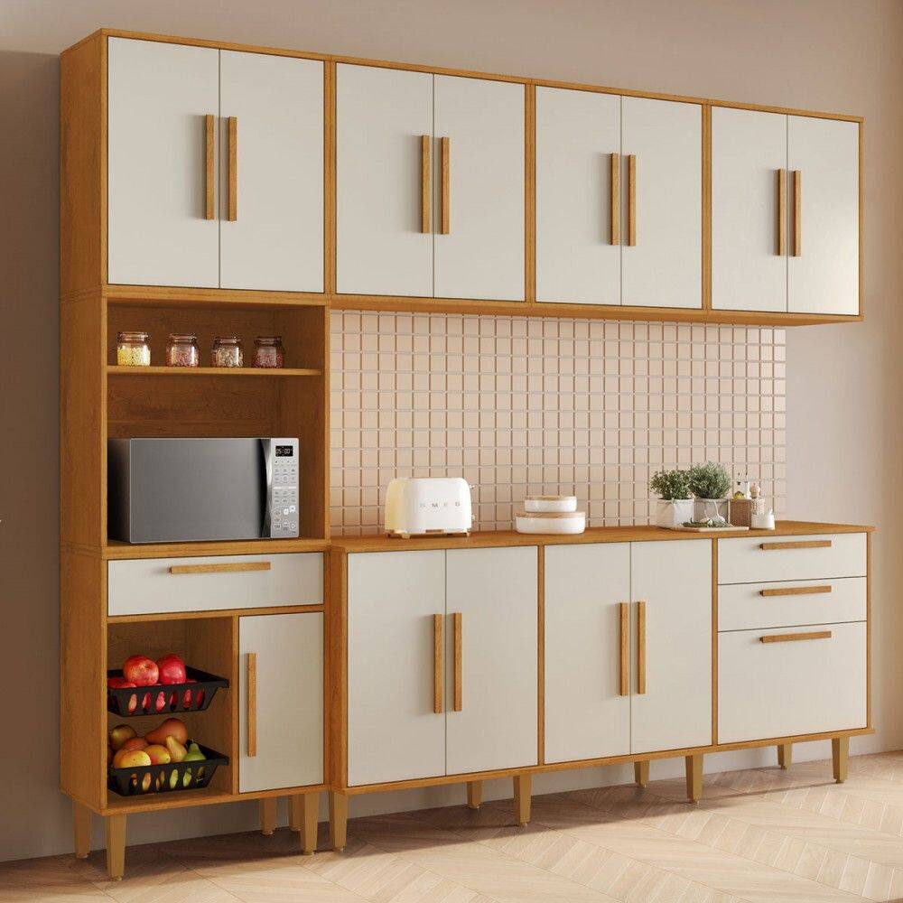 Cozinha Completa Lorena 14 Portas 2 Gavetas com Fruteira Natural/Off White - Kaiki Móveis