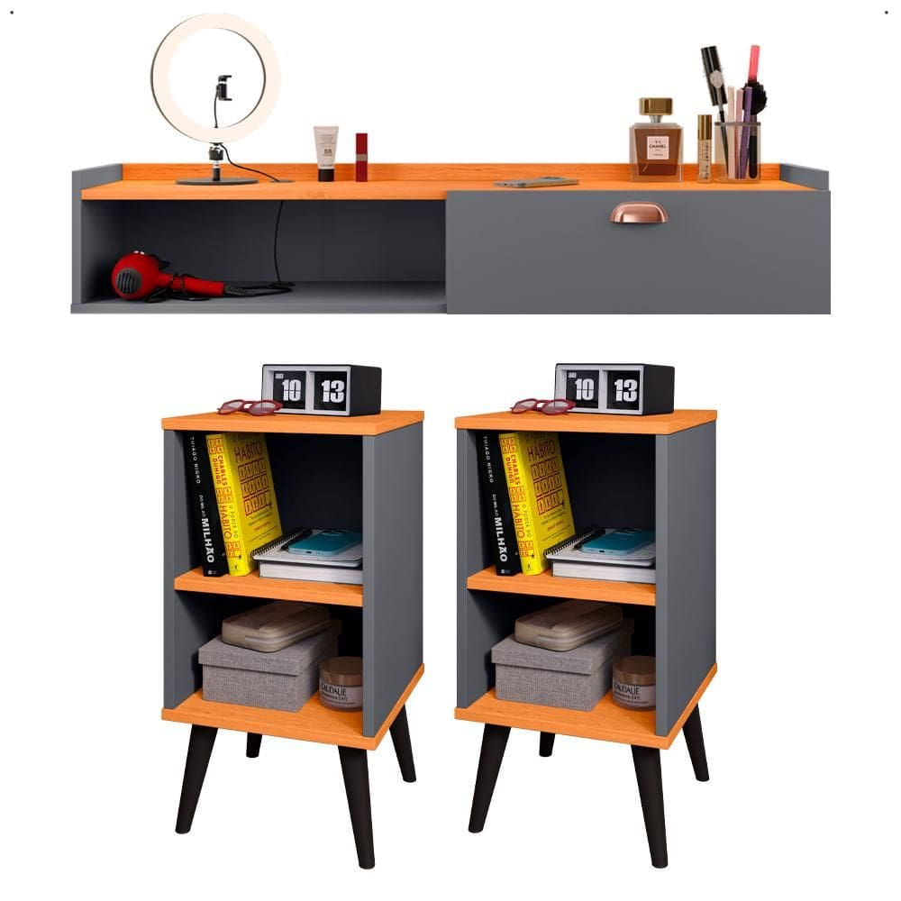 Kit 2 Mesinhas Cabeceira Charme Mesa Lateral Cama Penteadeira Suspensa Decor Puxador Concha Nicho Organizador Cinza/Cinamomo - Lojas RPM