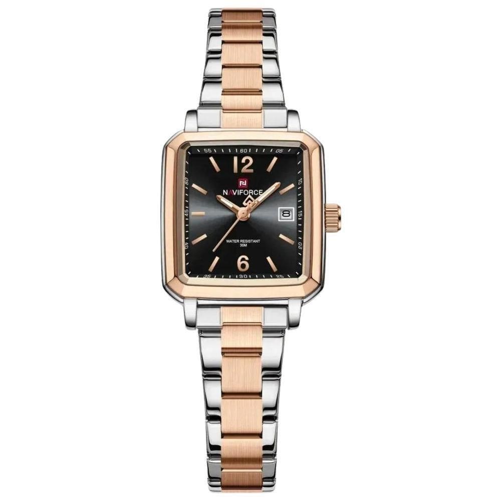 Relógio Feminino Design Quadrado Casual De Quartzo Impermeavel De Aço Inoxidavel Preto Rosegold