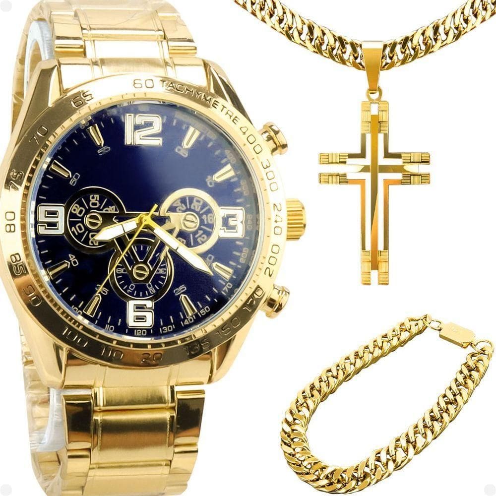 Relogio Masculino Dourado Banhado Ouro + Pulseira + Crucifixo Pesado Azul Robusto Grande