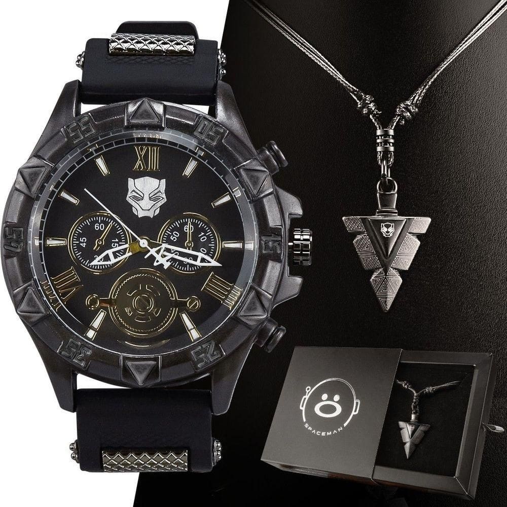 Relogio Masculino Aço Inox Pantera Preto + Cordão Corrente Social Presente Analogico Casual