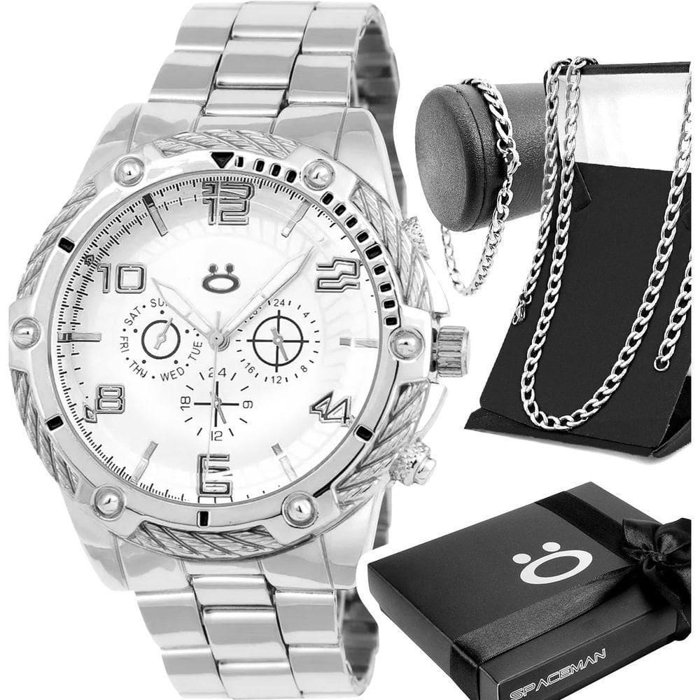 Relogio Masculino Prateado + Caixa Pulseira + Cordao Grumet Presente Robusto Masculino Social Casual