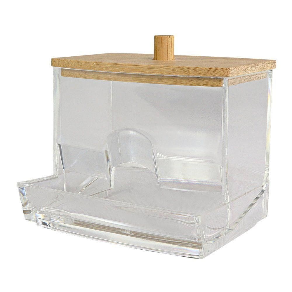 Porta Cotonete Organizador Transparente Com Tampa De Bambu