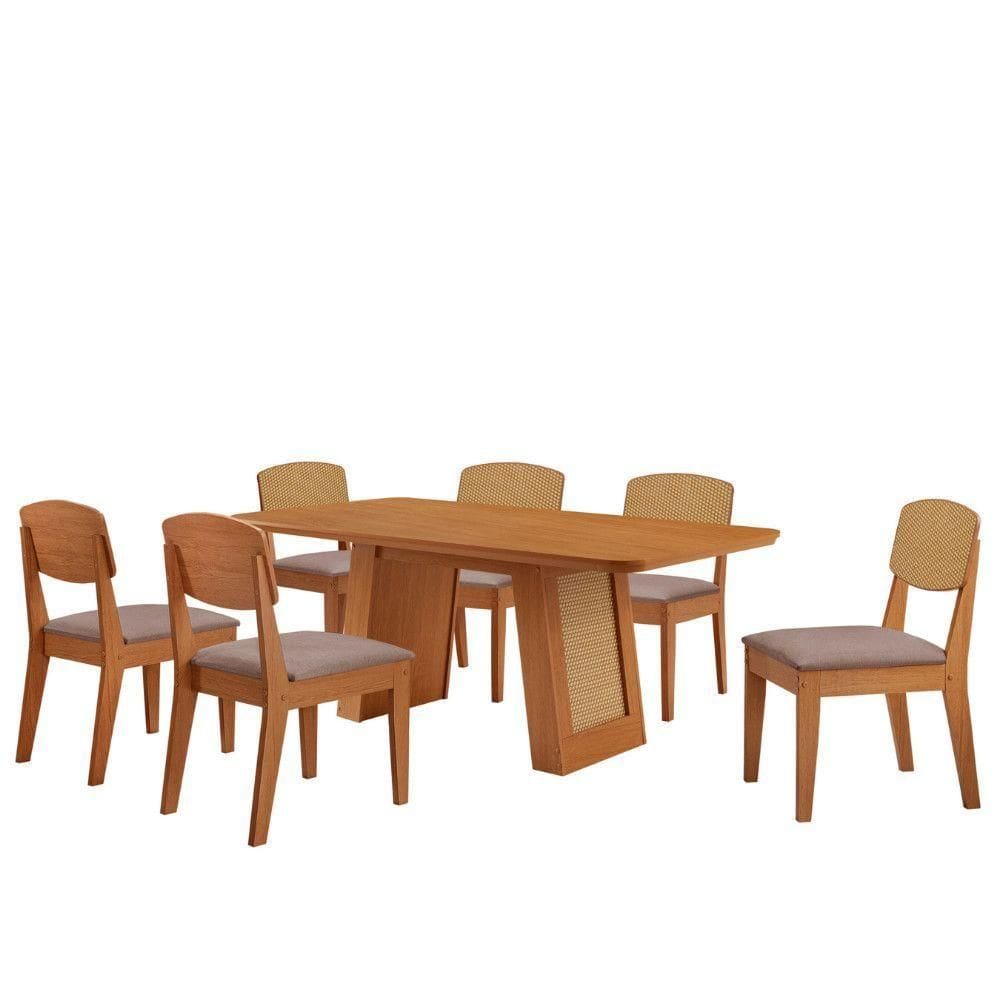 Mesa Carolina 180 Tampo Mdf 6 Cadeiras Moderna Mobilia Linho Capuccino / Naturalle/naturalle/pa