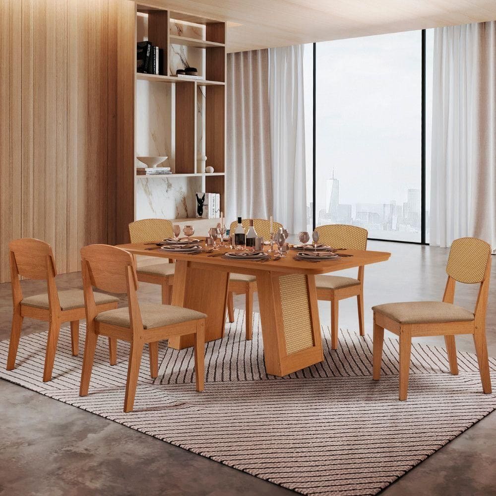 Mesa Carolina 180 Tampo Mdf 6 Cadeiras Moderna Mobilia Veludo Creme / Naturalle/naturalle/palha