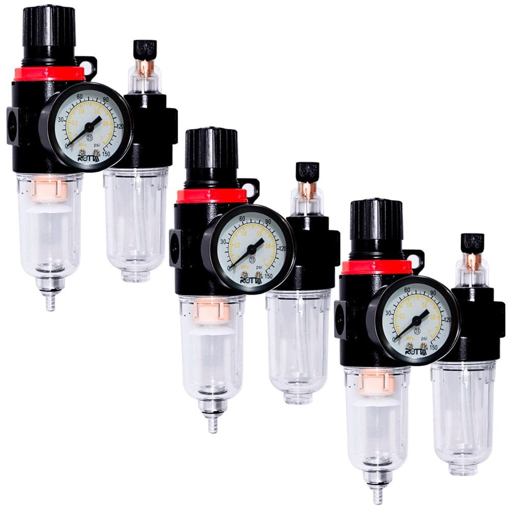 3 Filtros de Ar Eliminador Água e Lubrificador Regulador de Pressão Manômetro 1/4 Rotta 376 Afc-2000