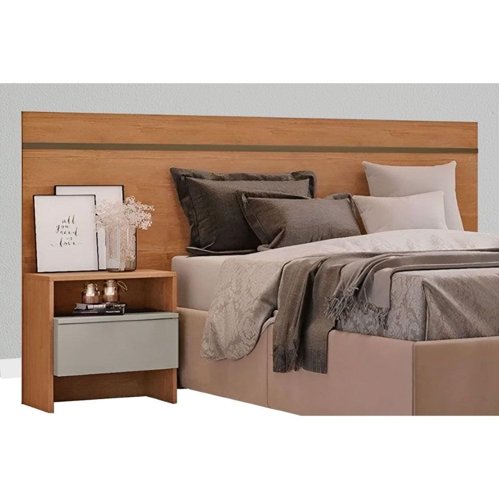 Painel Cama Box Madeirado Casal Prime c/ 2 Mesas e 2 Gavetas Cumaru/Fendi 25 - Novo Horizonte