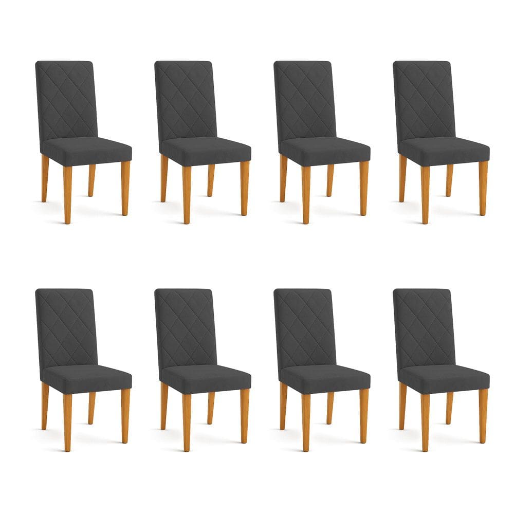 Kit 08 Cadeiras de Jantar Estofada Siena Veludo Grafite Pés Trapézio Castanho - Pallazio