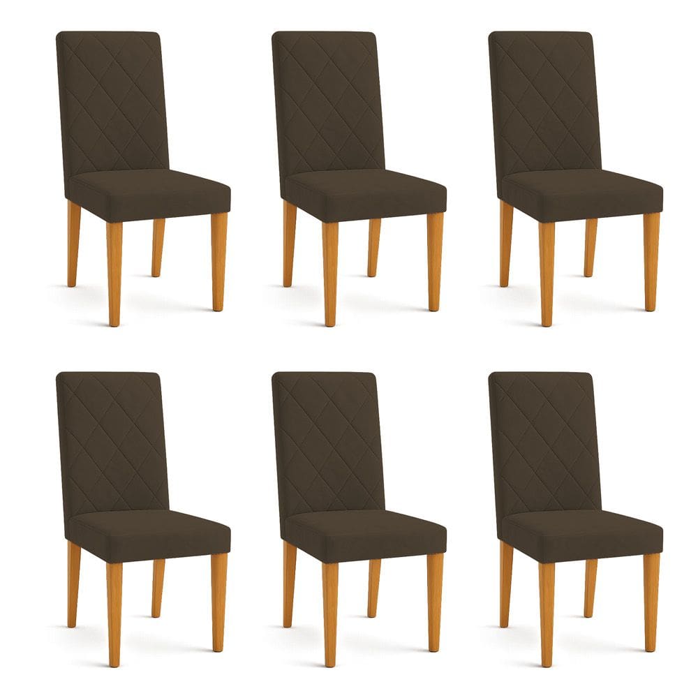 Kit 06 Cadeiras de Jantar Estofada Siena Veludo Marrom Pés Trapézio Castanho - Pallazio