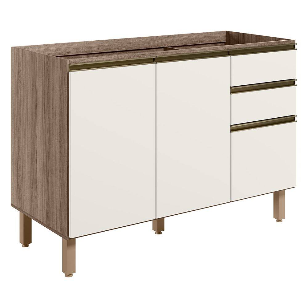 Balcao Para Pia 2P 3G 120cm MDF Kali 16417 Carvalho Toq Off White Cetim Nicioli