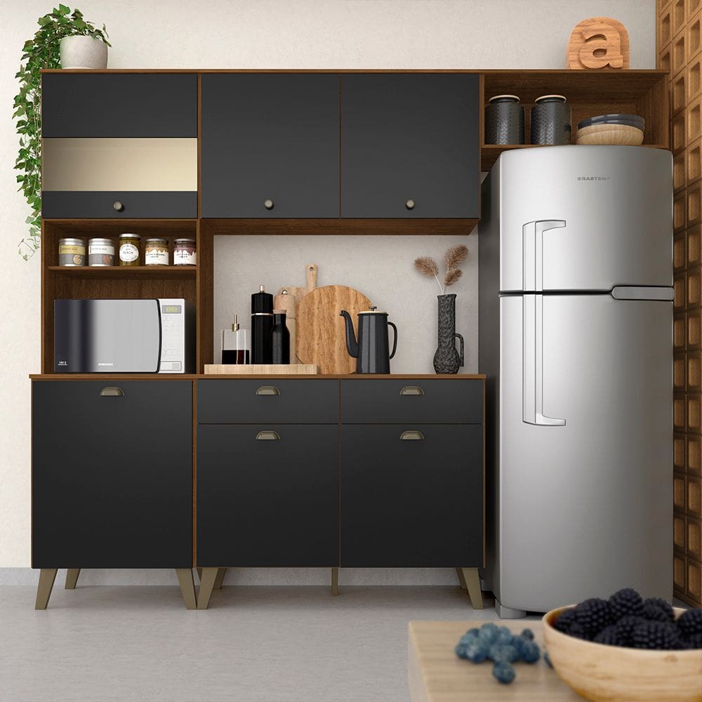 Armário De Cozinha Sophia 4 Pçs Retro Com Vidro Frei/preto Fosco - M.a