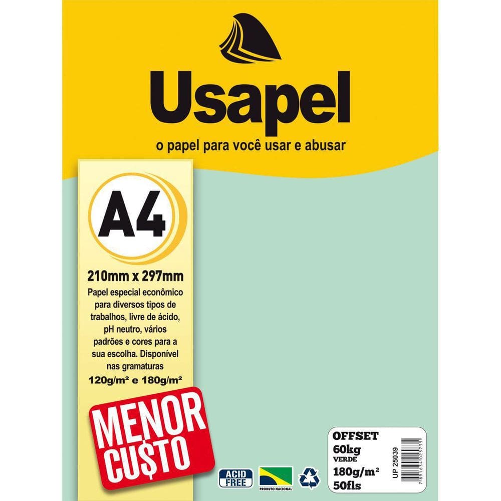 Papel Sulfite A4 Colorido Offset 180G 60K Verde 50Fls