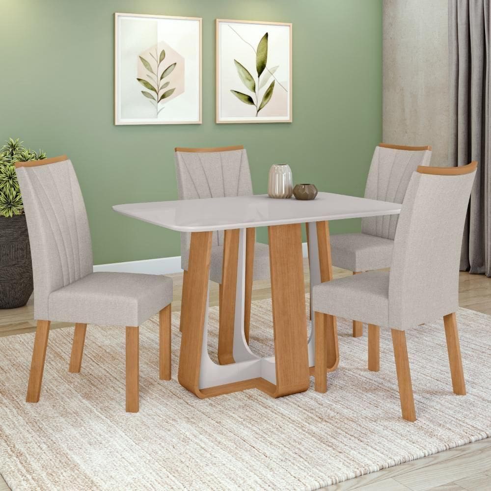 Conjunto Sala De Jantar Mesa Easy Pop 120x80 Tampo Vidro/MDF 4 Cadeiras Confort Linho Mosaico Cinza Amendoa/Off White