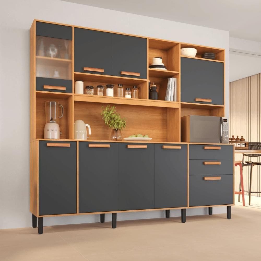 Kit Nápoles 8 Portas 1 Vidro 3 Gaveta Cinamomo/grafite