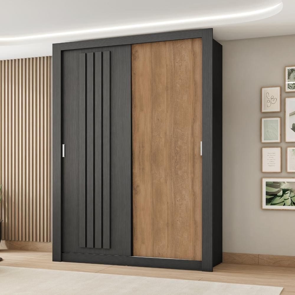 Guarda Roupa Solteiro 2 Portas Darvi Carraro Ripado Preto Touch Com Freijó