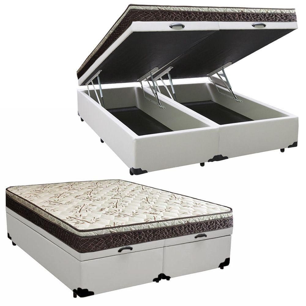 Cama Box Baú Queen Sintético Bipartido + Colchão Elegance Ortopédico Espuma D33 Extra Firme 158x198x63 Branco