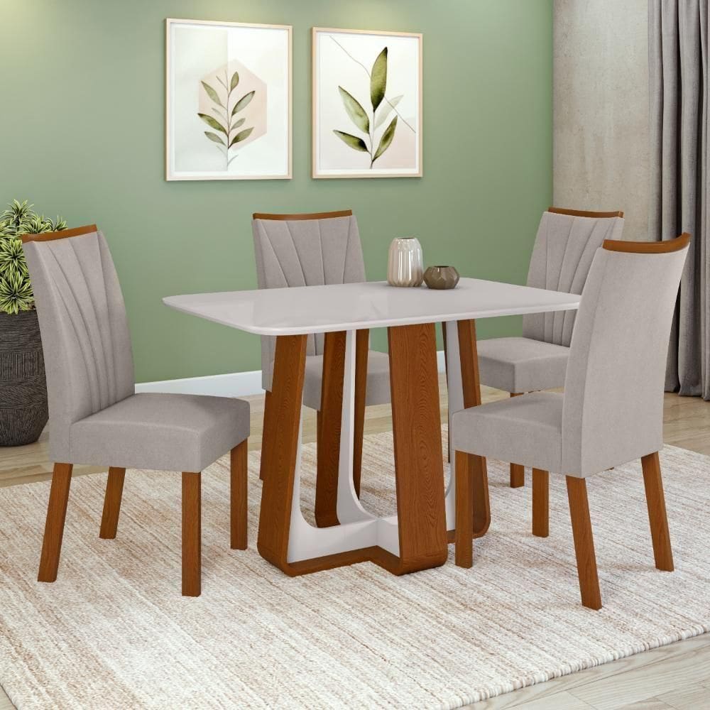 Conjunto Sala De Jantar Mesa Easy Pop 120x80cm Tampo Vidro/MDF 4 Cadeiras Confort Veludo Capuccino Frassino/Off White