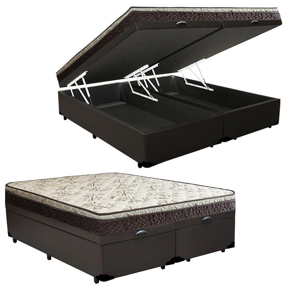 Cama Box Baú Queen Sintético Bipartido + Colchão Elegance Ortopédico Espuma D33 Extra Firme 158x198x63 Marrom