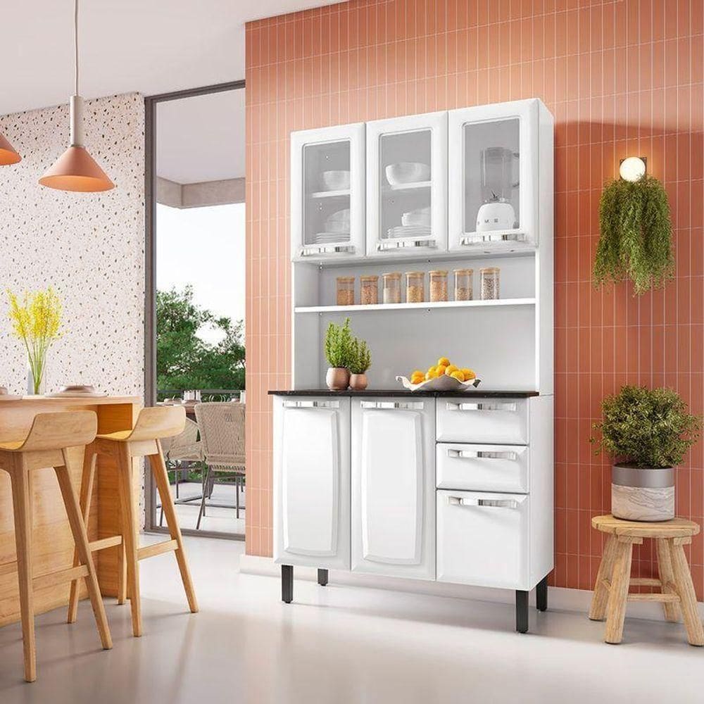 Kit De Cozinha Compacta Branco Em Aço 6 Portas 3 Vidros 2 Gavetas Pratika
