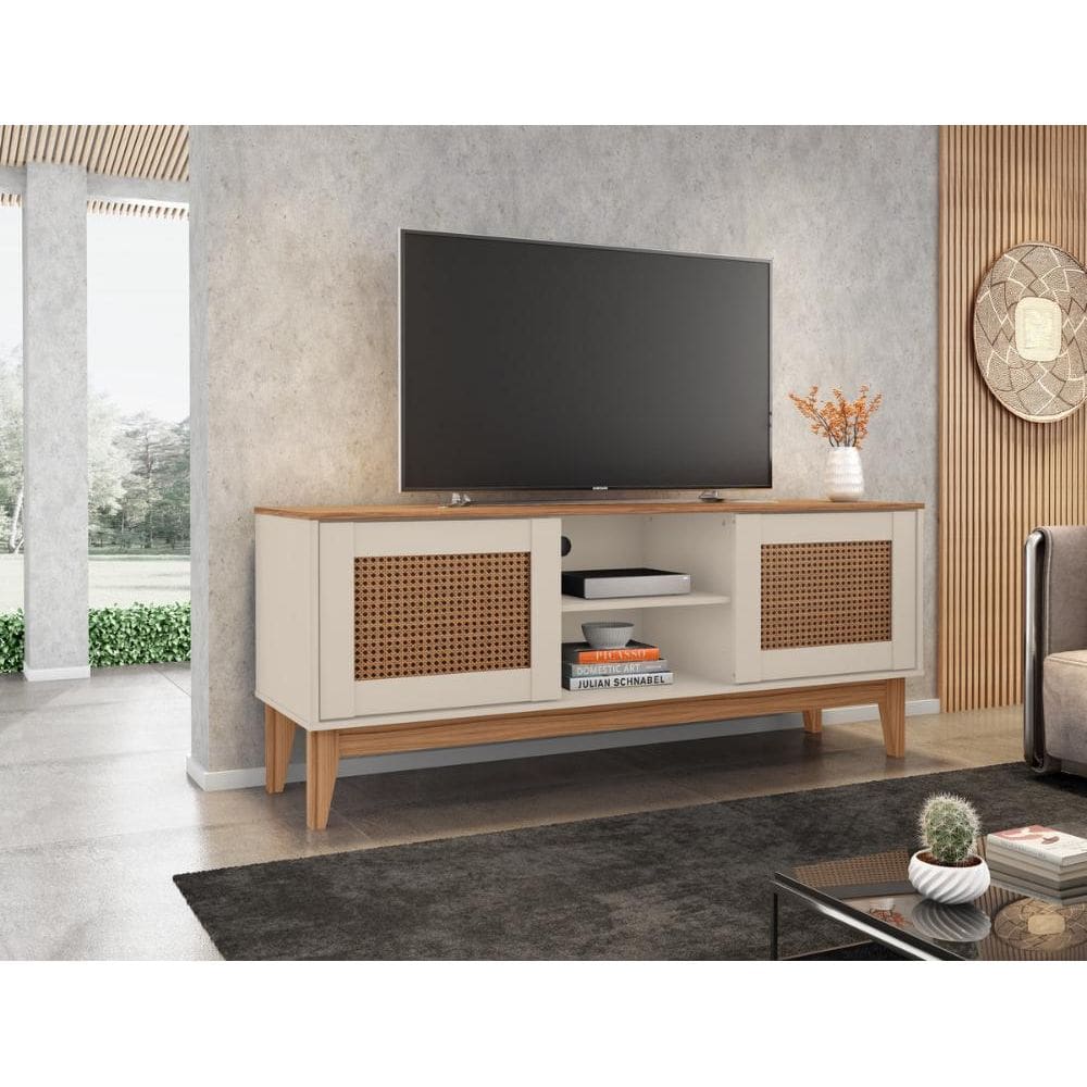 Rack Safira 1,35m 2 Portas e Nicho Central c/ Prateleira Off White/Noce