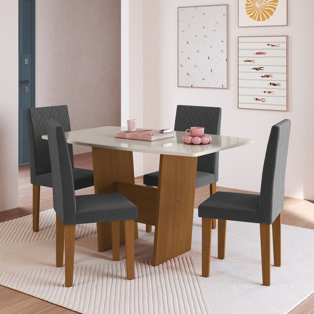 Conjunto de Mesa com 4 Cadeiras Atenas Freijó/Off White