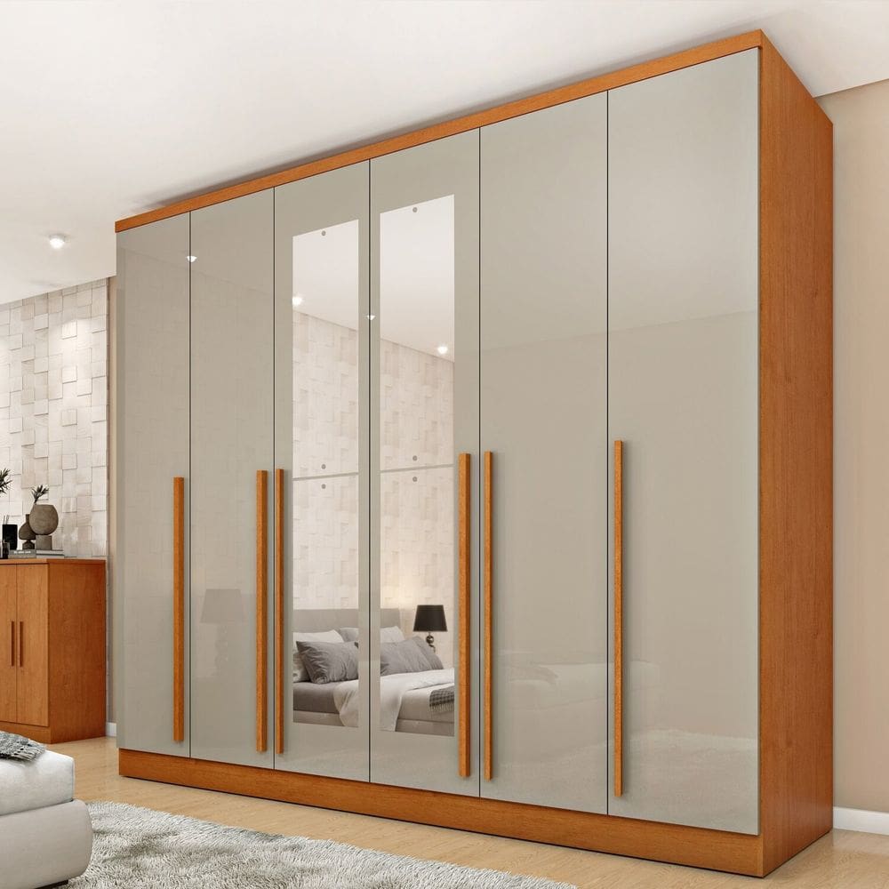 Guarda-Roupa Casal 6 Portas 8 Gavetas Puxador MDF 270cmcom Espelho Portugal Espresso Móveis Cinamomo/Off White
