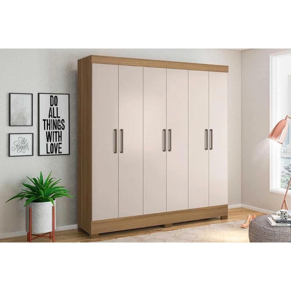 Guarda Roupa Casal 6 Portas e 3 Gavetas Prático Amêndola/Off White - Demóbile