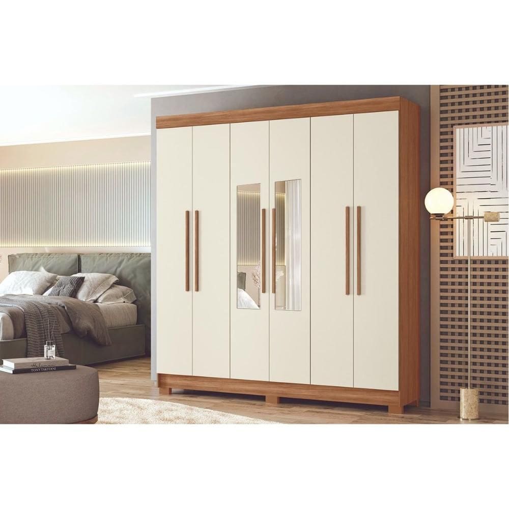 Guarda Roupa Casal 6 Portas (2 c/ Espelho) e 2 Gavetas c/ Pés Toledo Jatoba/Areia - Santos Andirá