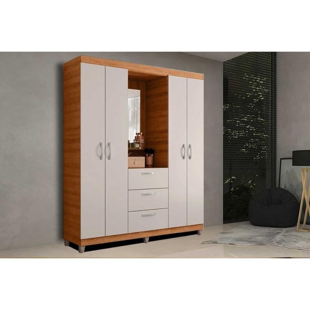 Guarda Roupa Casal 4 Portas e 3 Gavetas c/ 1 Espelho Clapton Freijo/Off White - Caemmun